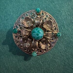 Vintage Filigree Gold and Green Glass Stone Brooch